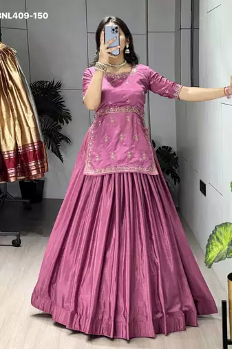 pink chinon plain lehengas
