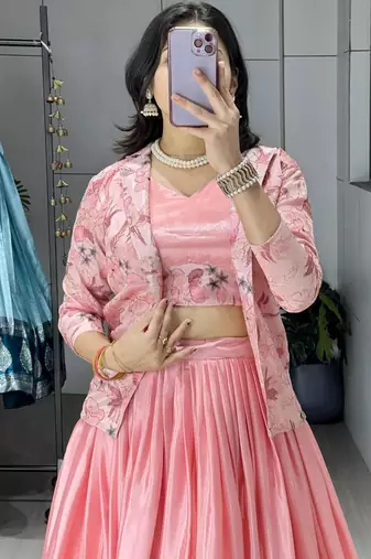 pink chinon plain lehengas