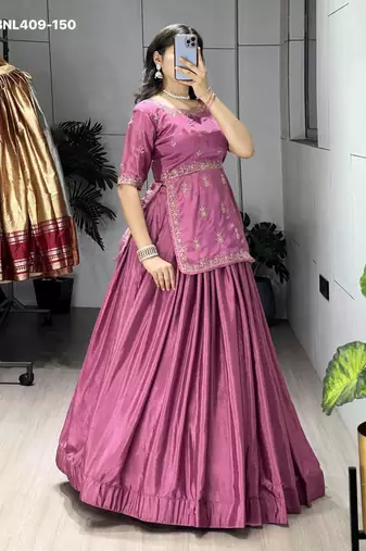 pink chinon plain lehengas