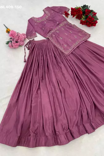 pink chinon plain lehengas