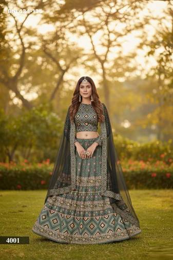 green ajmeri silk printed lehengas