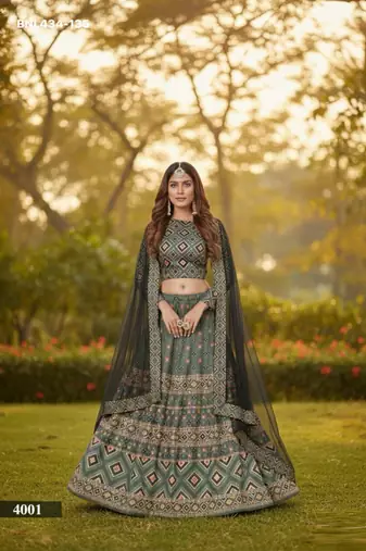 green ajmeri silk printed lehengas