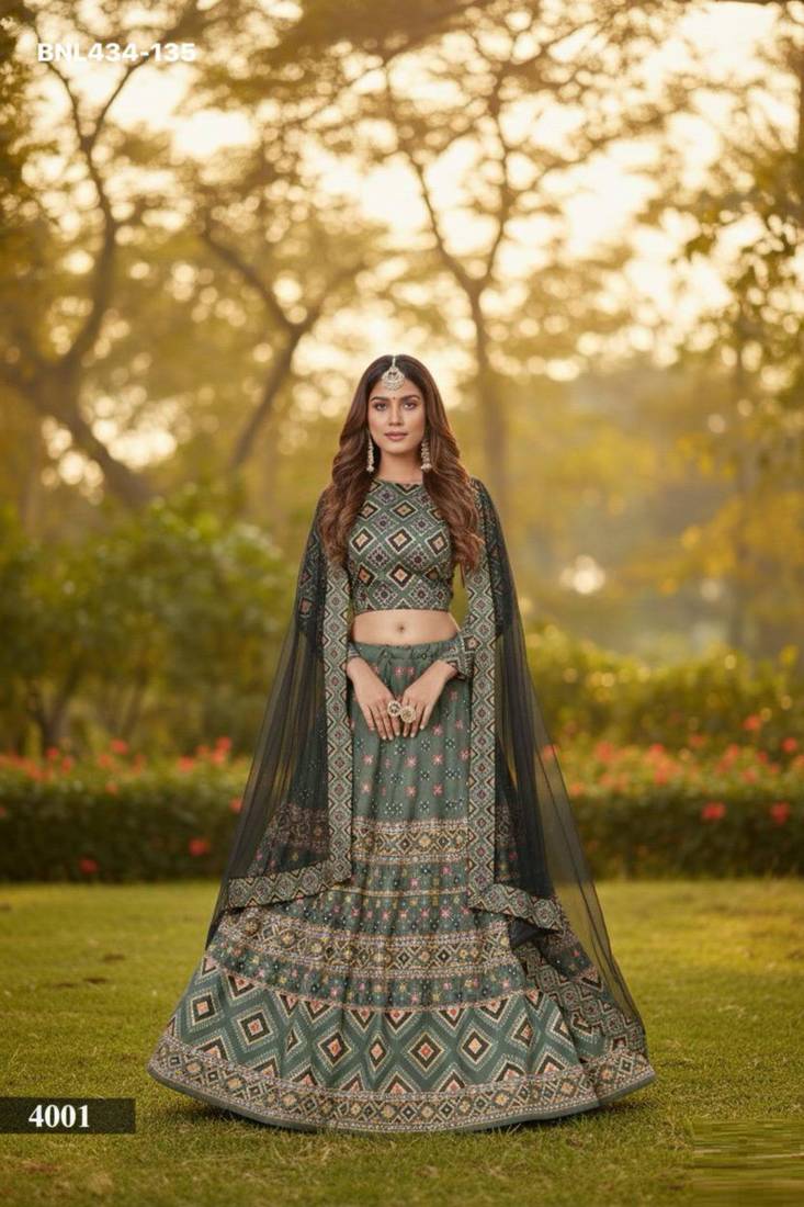 green ajmeri silk printed lehengas