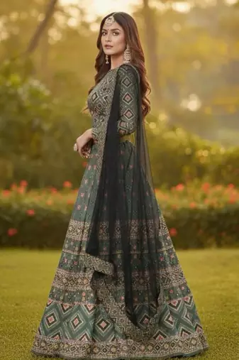 green ajmeri silk printed lehengas