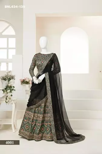 green ajmeri silk printed lehengas