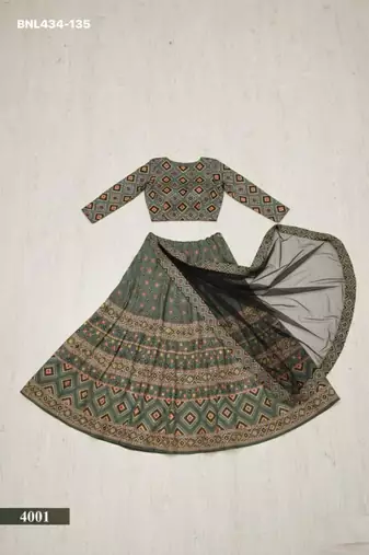 green ajmeri silk printed lehengas