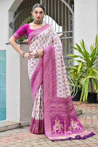 Magenta color banarasi silk ajhrakh meena zari weaving patola saree