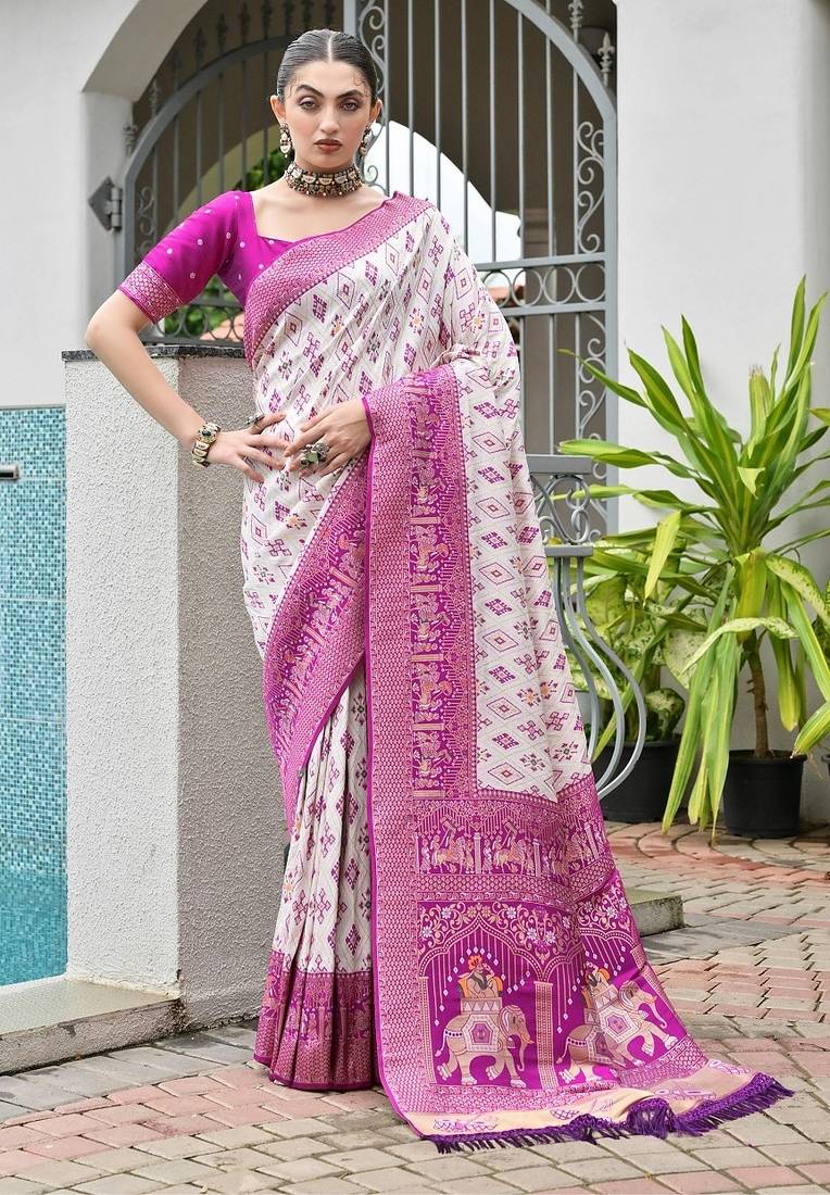 Magenta color banarasi silk ajhrakh meena zari weaving patola saree