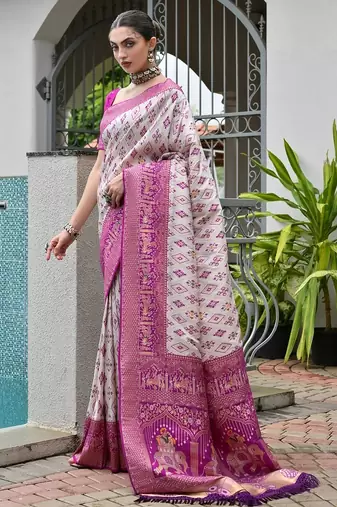 Magenta color banarasi silk blend ajhrakh meena zari weaving patola saree
