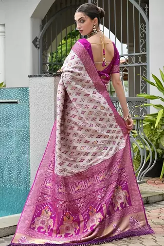Magenta color banarasi silk blend ajhrakh meena zari weaving patola saree