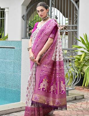 Magenta banarasi silk blend ajhrakh meena zari weaving patola saree 4