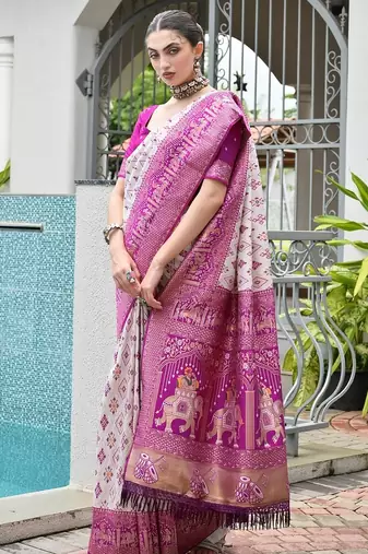 Magenta color banarasi silk blend ajhrakh meena zari weaving patola saree