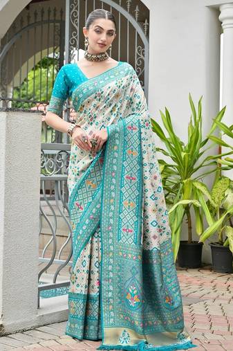 Sea green color banarasi silk ajhrakh meena zari weaving patola saree