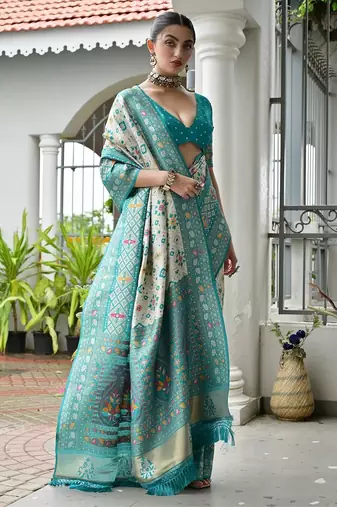Sea green color banarasi silk blend ajhrakh meena zari weaving patola saree