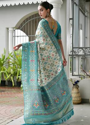 Sea green color banarasi silk blend ajhrakh meena zari weaving patola saree 4