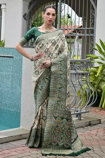 Green color banarasi silk ajhrakh meena zari weaving patola saree