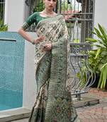 Green color banarasi silk blend ajhrakh meena zari weaving patola saree