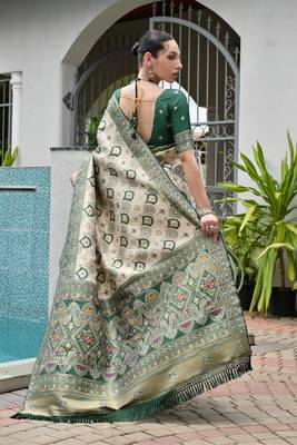 Green color banarasi silk blend ajhrakh meena zari weaving patola saree 3