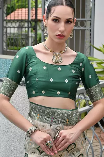 Green color banarasi silk blend ajhrakh meena zari weaving patola saree