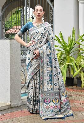Rama blue color banarasi silk blend ajhrakh meena zari weaving patola saree 1