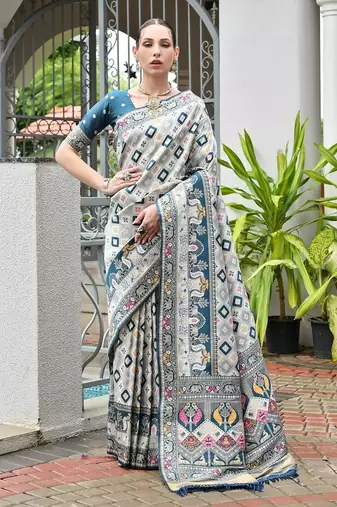 Rama blue color banarasi silk ajhrakh meena zari weaving patola saree