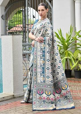 Rama blue color banarasi silk blend ajhrakh meena zari weaving patola saree 2