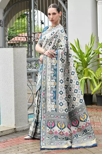 Rama blue color banarasi silk blend ajhrakh meena zari weaving patola saree