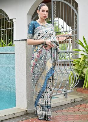 Rama blue color banarasi silk blend ajhrakh meena zari weaving patola saree 3