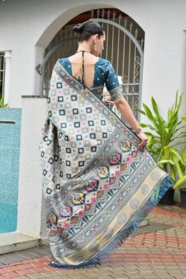 Rama blue color banarasi silk blend ajhrakh meena zari weaving patola saree 4