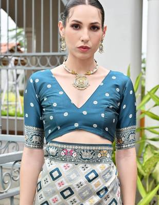 Rama blue color banarasi silk blend ajhrakh meena zari weaving patola saree 5