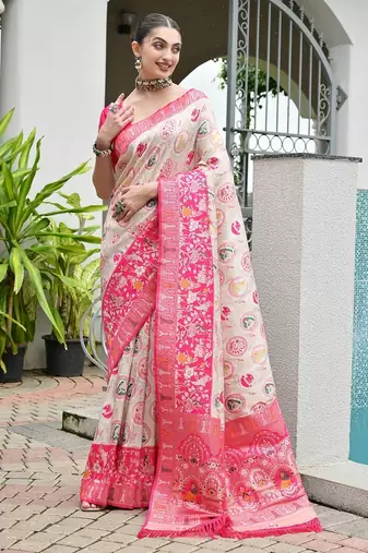 Pink color banarasi silk ajhrakh meena zari weaving patola saree