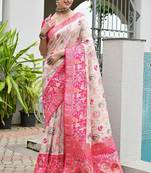 Pink color banarasi silk blend ajhrakh meena zari weaving patola saree