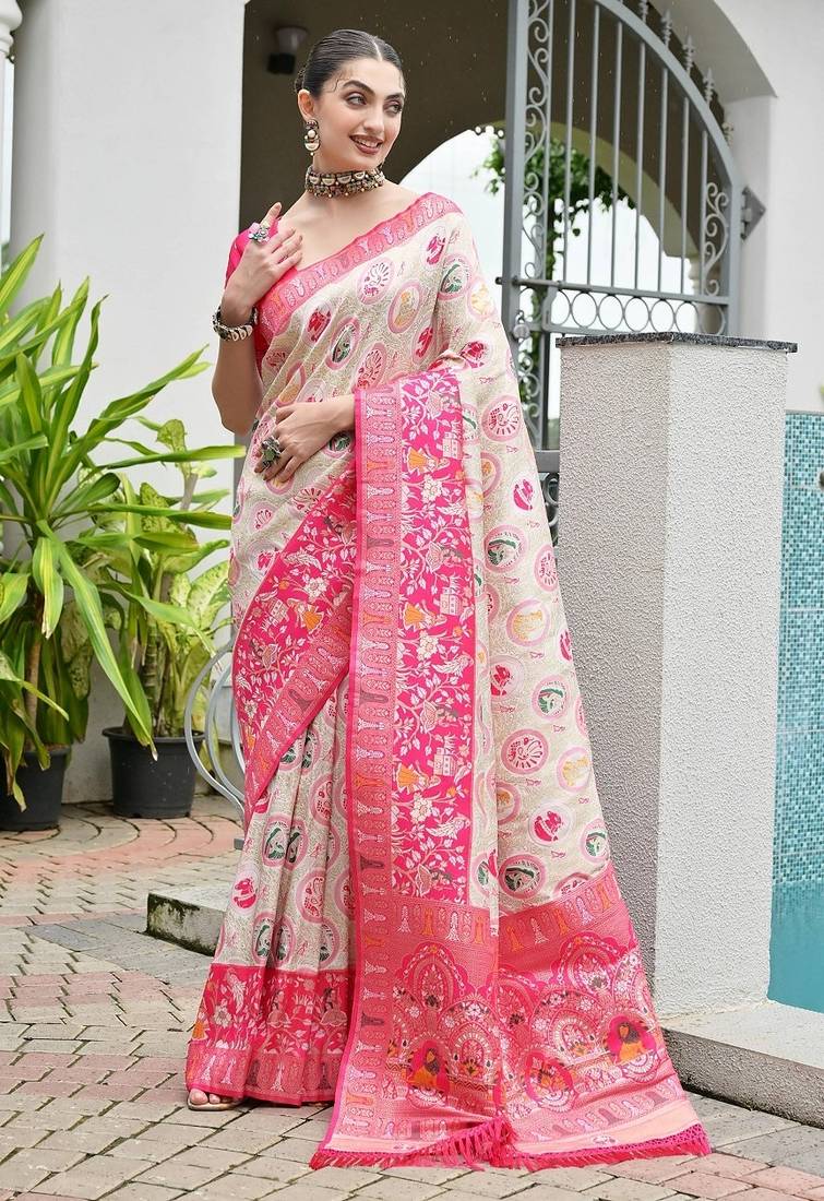Pink color banarasi silk ajhrakh meena zari weaving patola saree