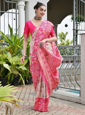 Pink color banarasi silk blend ajhrakh meena zari weaving patola saree 4