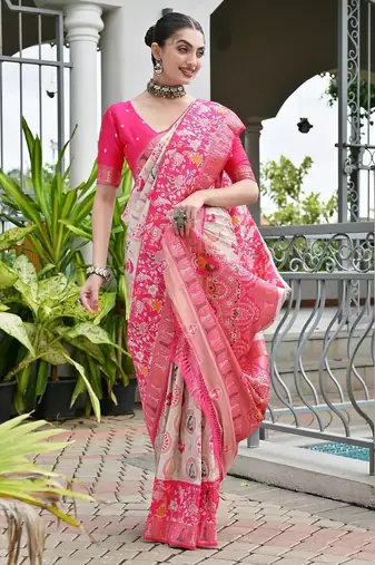 Pink color banarasi silk blend ajhrakh meena zari weaving patola saree