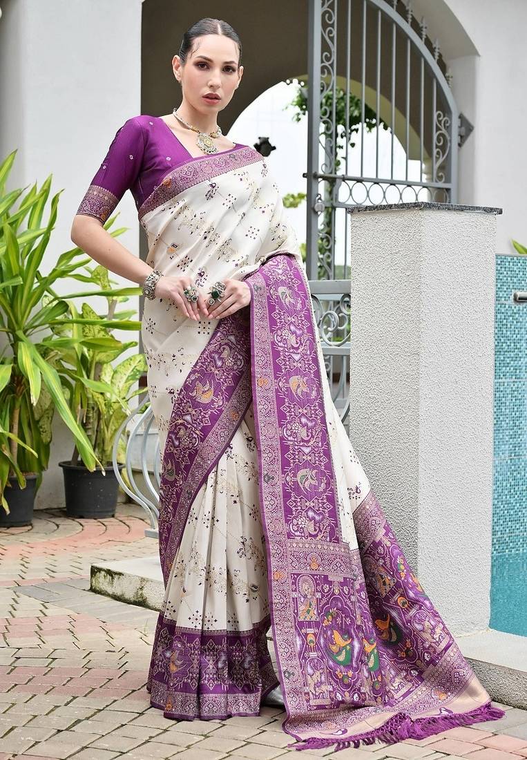 Wine color banarasi silk ajhrakh meena zari weaving patola saree