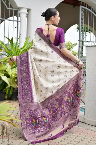 Wine color banarasi silk blend ajhrakh meena zari weaving patola saree