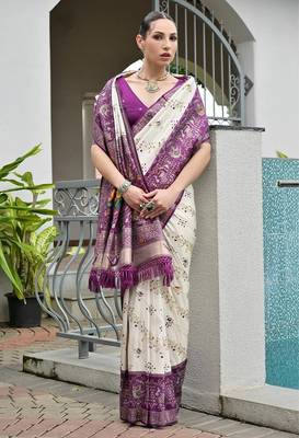 Wine color banarasi silk blend ajhrakh meena zari weaving patola saree 4