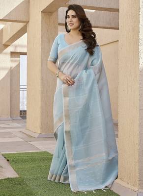 Firozi tissue linen zari weaving border saree with blouse 1