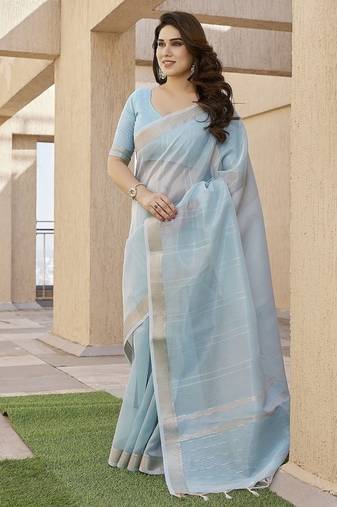 Firozi color tissue linen zari weaving border saree with blouse