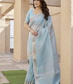 Firozi color tissue linen zari weaving border saree with blouse
