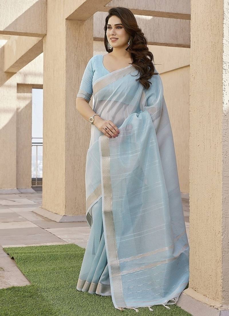 Firozi color tissue linen zari weaving border saree with blouse