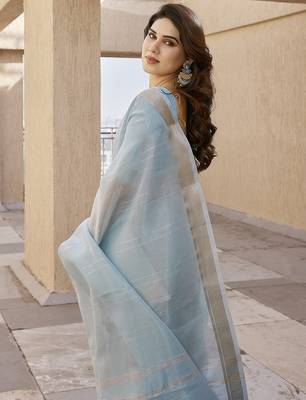 Firozi tissue linen zari weaving border saree with blouse 2