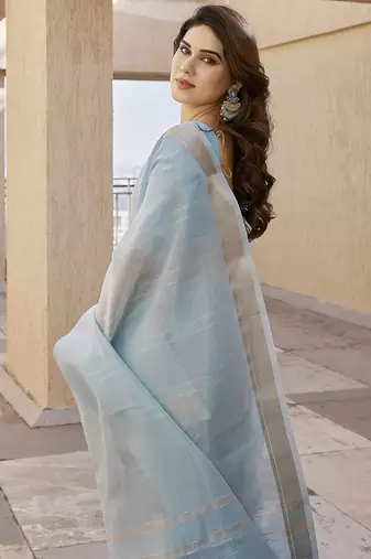 Firozi color tissue linen zari weaving border saree with blouse