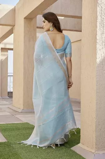 Firozi color tissue linen zari weaving border saree with blouse