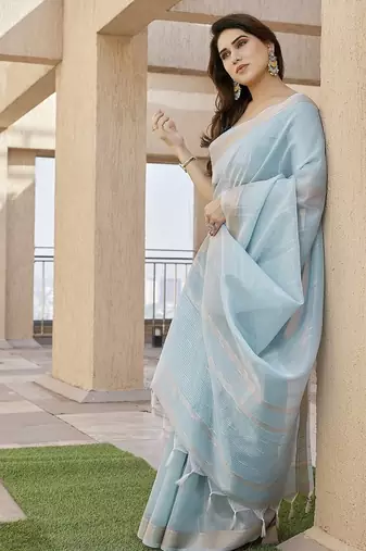 Firozi color tissue linen zari weaving border saree with blouse