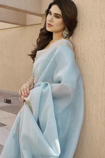 Firozi color tissue linen zari weaving border saree with blouse