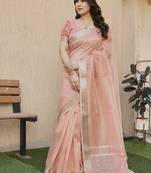 Peach color tissue linen zari weaving border saree with blouse