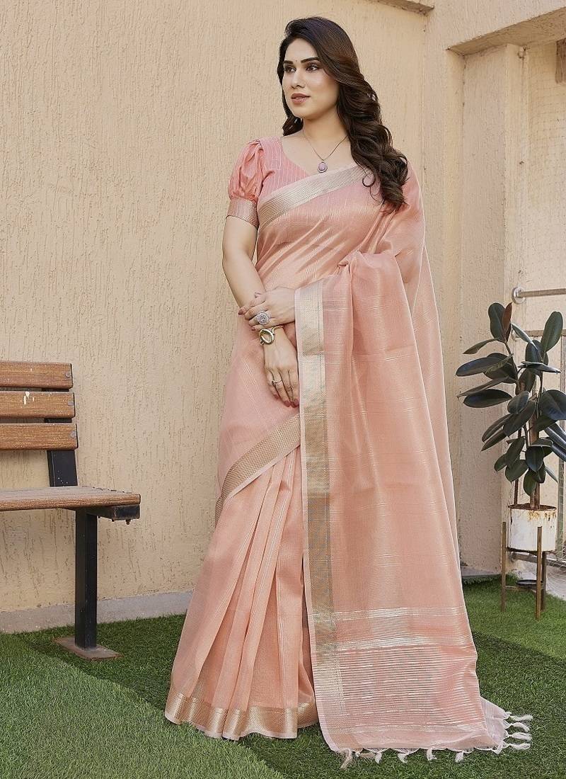 Peach color tissue linen zari weaving border saree with blouse