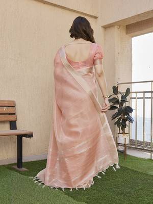 Peach color tissue linen zari weaving border saree with blouse 3